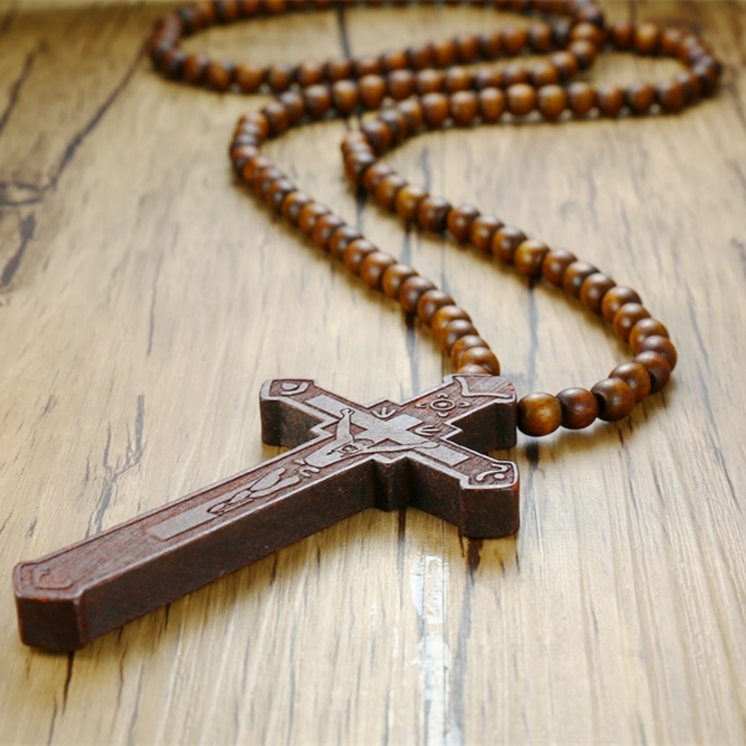 Woodworking Nc - Naszyjnik Różaniec Duży Drewniany Krzyż Jezusa